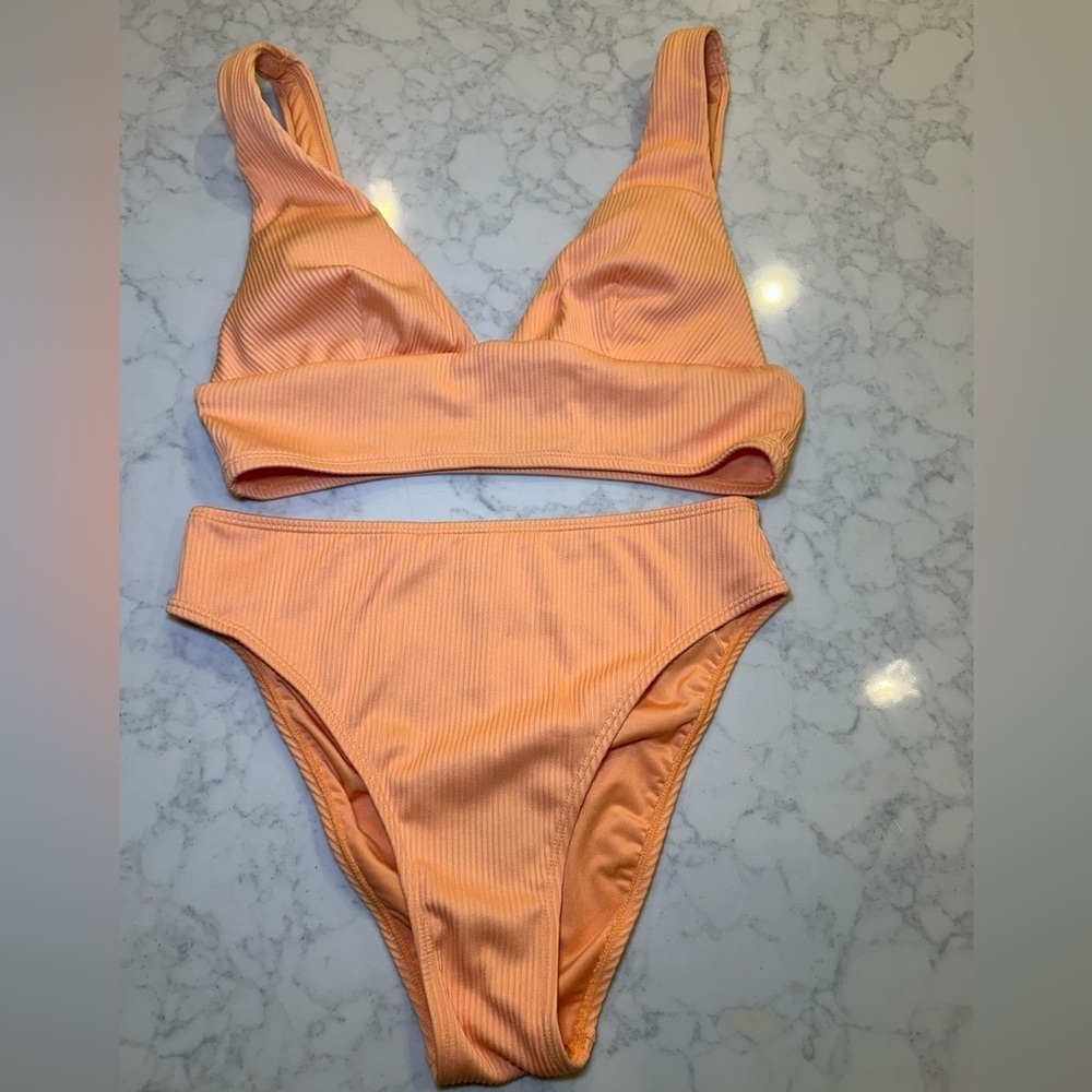 Cupshe Peach Ribbed High Waisted V Neck Bikini Set Orange Size M NEW - Picture 3 of 8